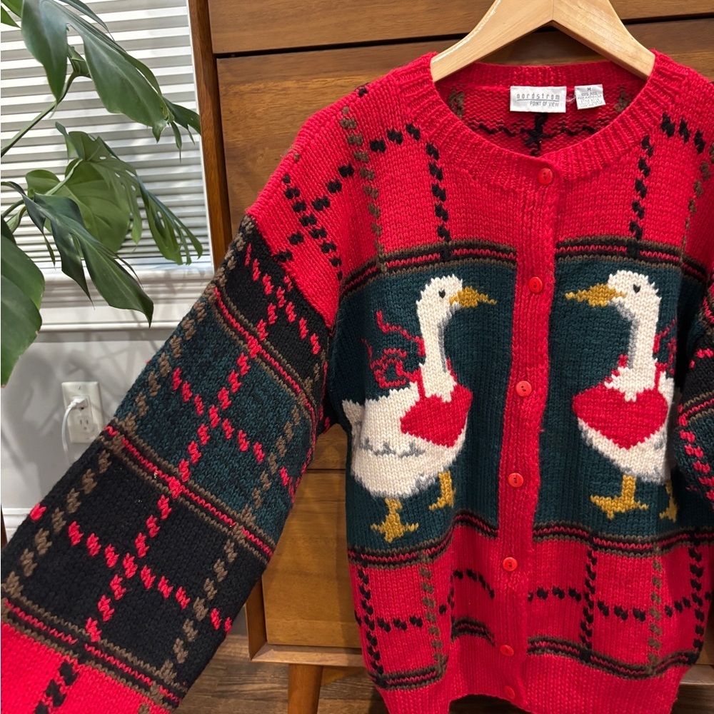 Vintage NORDSTROM POINT OF VIEW Wool Goose Cardigan Sweater cottagecore 80s M - Picture 4 of 6